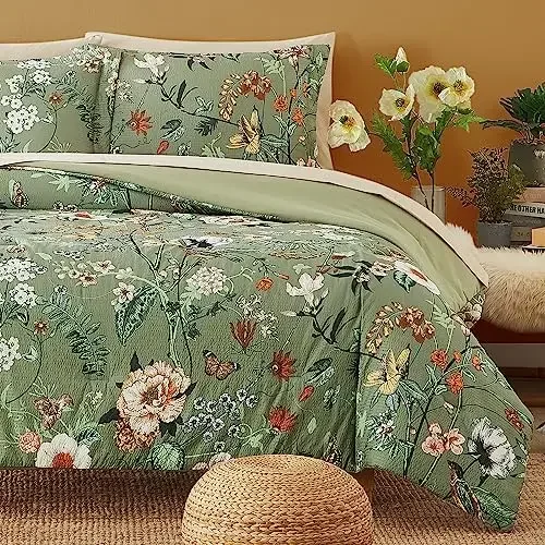 Queen Comforter Set - 7 Pieces Bed in a Bag Queen Green Butterfly Floral Comforter Set with Flowers Leaves Pattern