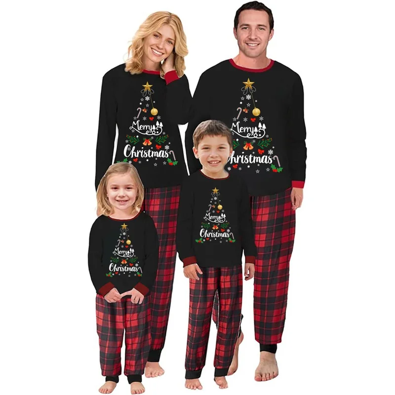 New Family Matching Christmas Pajamas Letter Snowflake Print Long-Sleeved Tops + Plaid Trousers Sleepwear Outfits Hot Sale