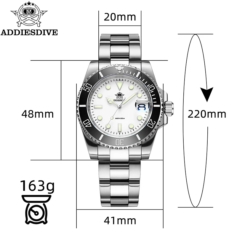 ADDIESDIVE-Reloj de lujo de cuarzo para Hombre, pulsera de acero inoxidable 316L superluminosa de 41mm, 200m, BGW9