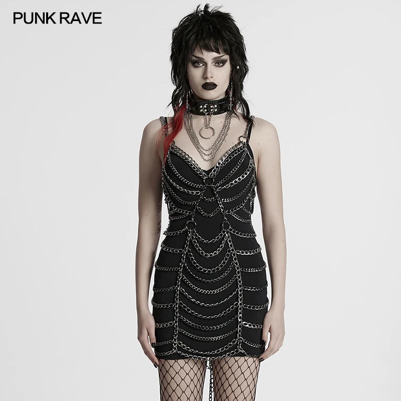 PUNK RAVE Women Punk Black Aluminum Chain Halter Bodycon Mini Dress Cover Up Multi Layer Metal Chain Goth Outfit WQ877