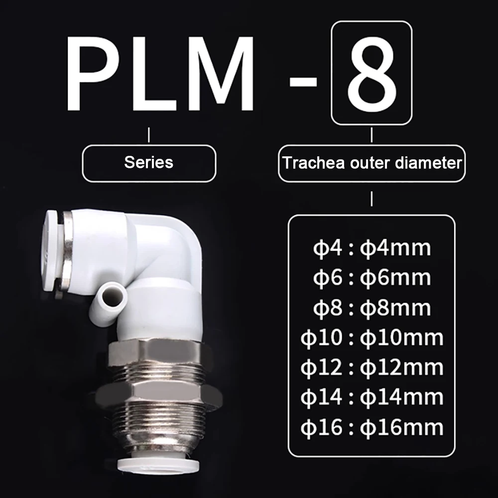 Pneumatic Fitting Elbow Joint PLM 4 6 8 10 12mm Right Angle L-type Bulkhead Elbow Gas Pipe Quick Connectors M12 M14 M16 M20 M22