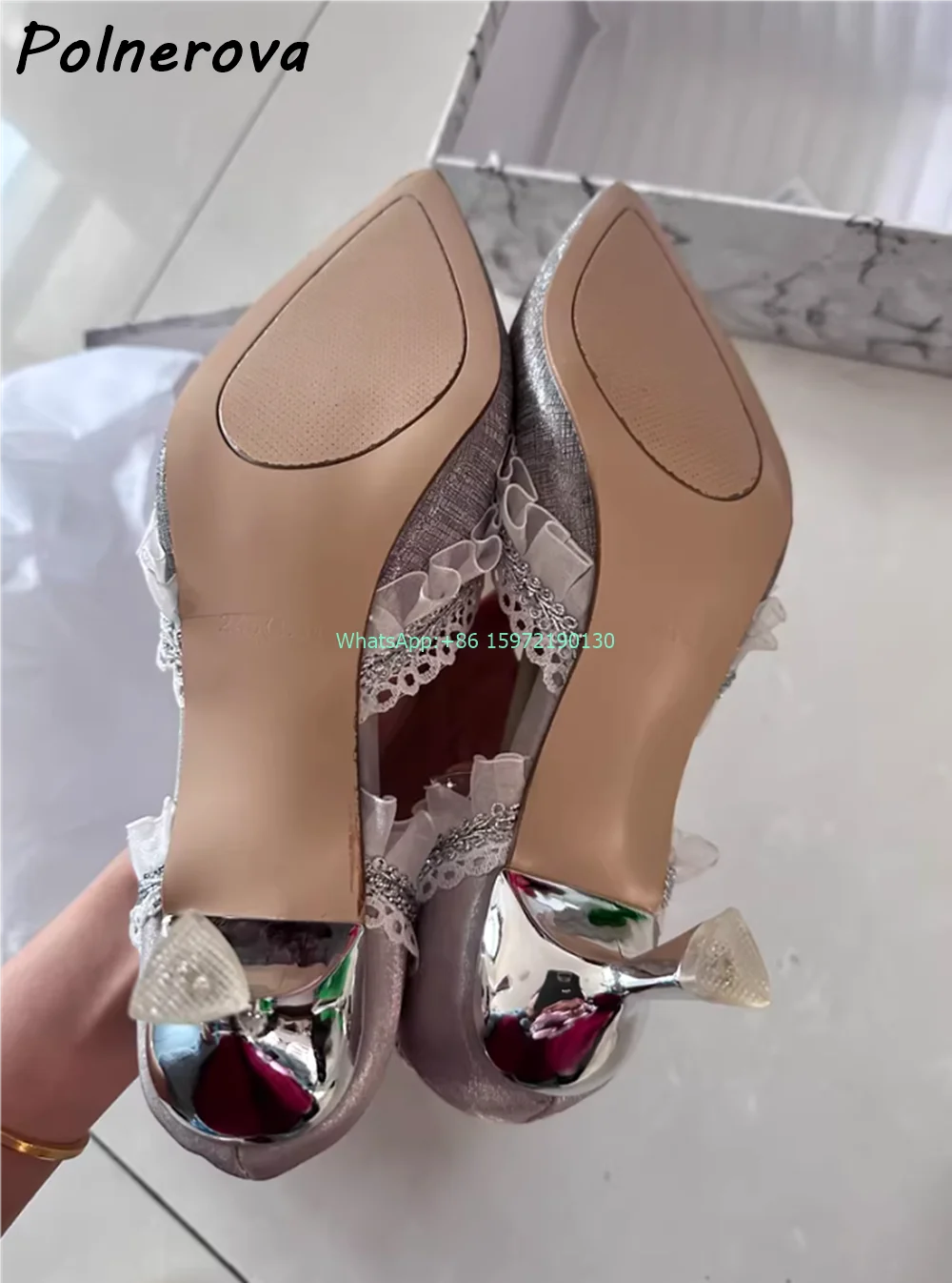 Zapatos de tacón con anillo de perlas plateadas para lesbiana, zapatos de tacón sin cordones con punta puntiaguda para gatito, zapatos de boda de princesa romántica ostentosa de lujo