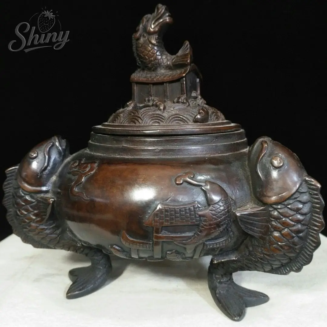 Chinese Brass Incense Burner Carp Leaping Over Dragon Gate Traditional Home Decor Decorative Piece