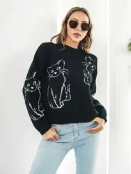 Neue Herbst Mode Frauen Gestrickte Pullover Y2k Retro Katze Jacquard Pullover Weibliche Langarm Cartoon Anime Lose Jumper Strickwaren