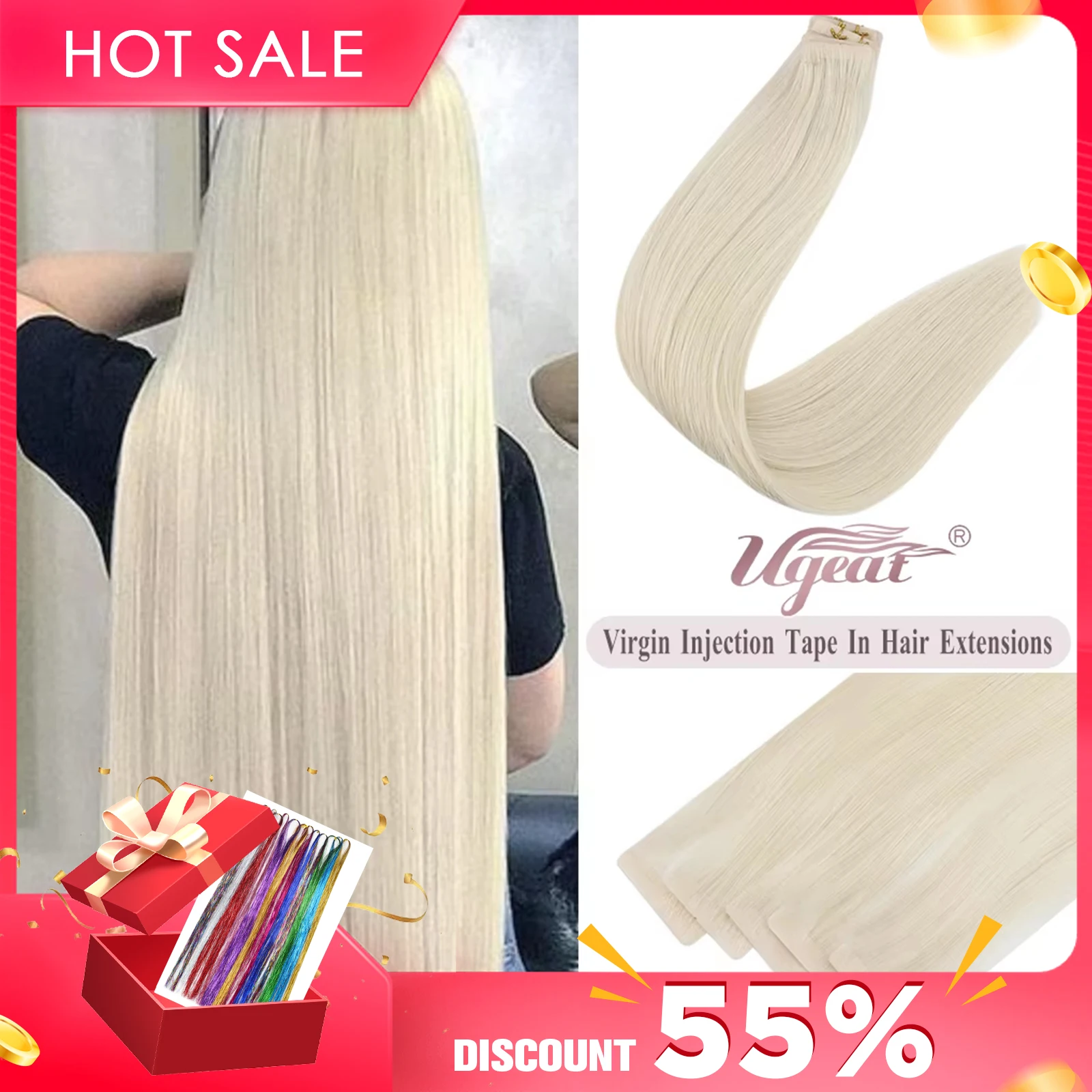 [12 Months] Ugeat Invisible Tape in Human Hair Extensions 10A Grade Seamless Skin Weft Injection Virgin Tape in Hair 2.5G/Pieces