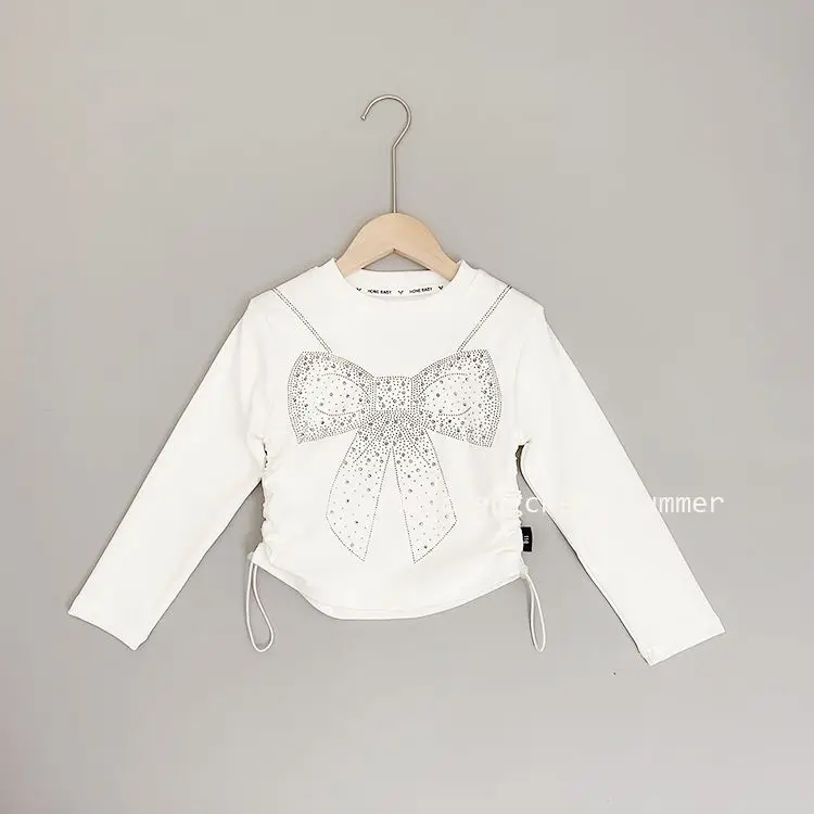 Kids Girls Rhinestone T-shirts Bow Printed Drawstring Crop Tops Black White 2024 New Spring Autumn Undershirts Korean Style