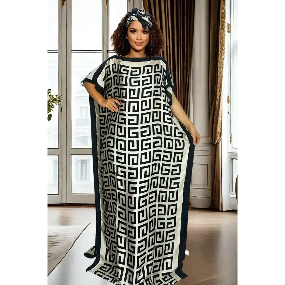 قميص أنيق بغطاء بنمط هندسي كبير الحجم مع وشاح متطابق لجميع المواسم #2