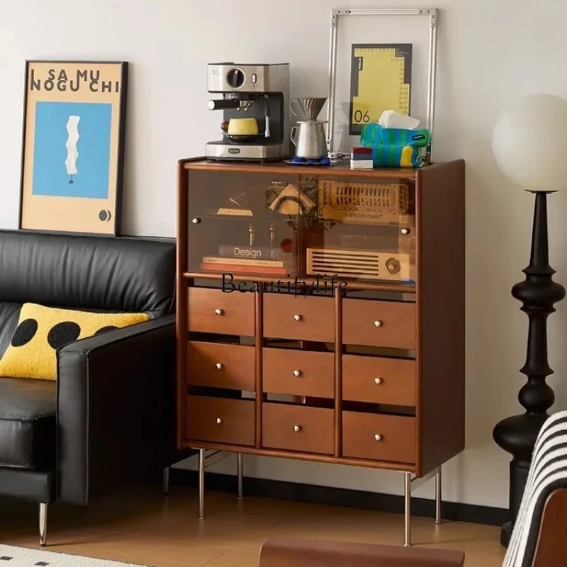 

LJY*Retro solid wood chest, living room against the wall storage rack, locker medieval