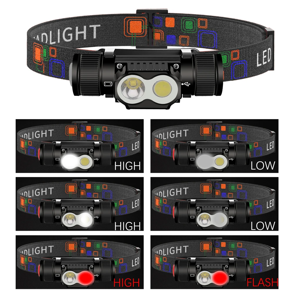 SOLOLANDOR Type-C White Red LED headlamp Fishing 18650 headlight Torch Hunting head lamp Headlamp Memory Function Flash light