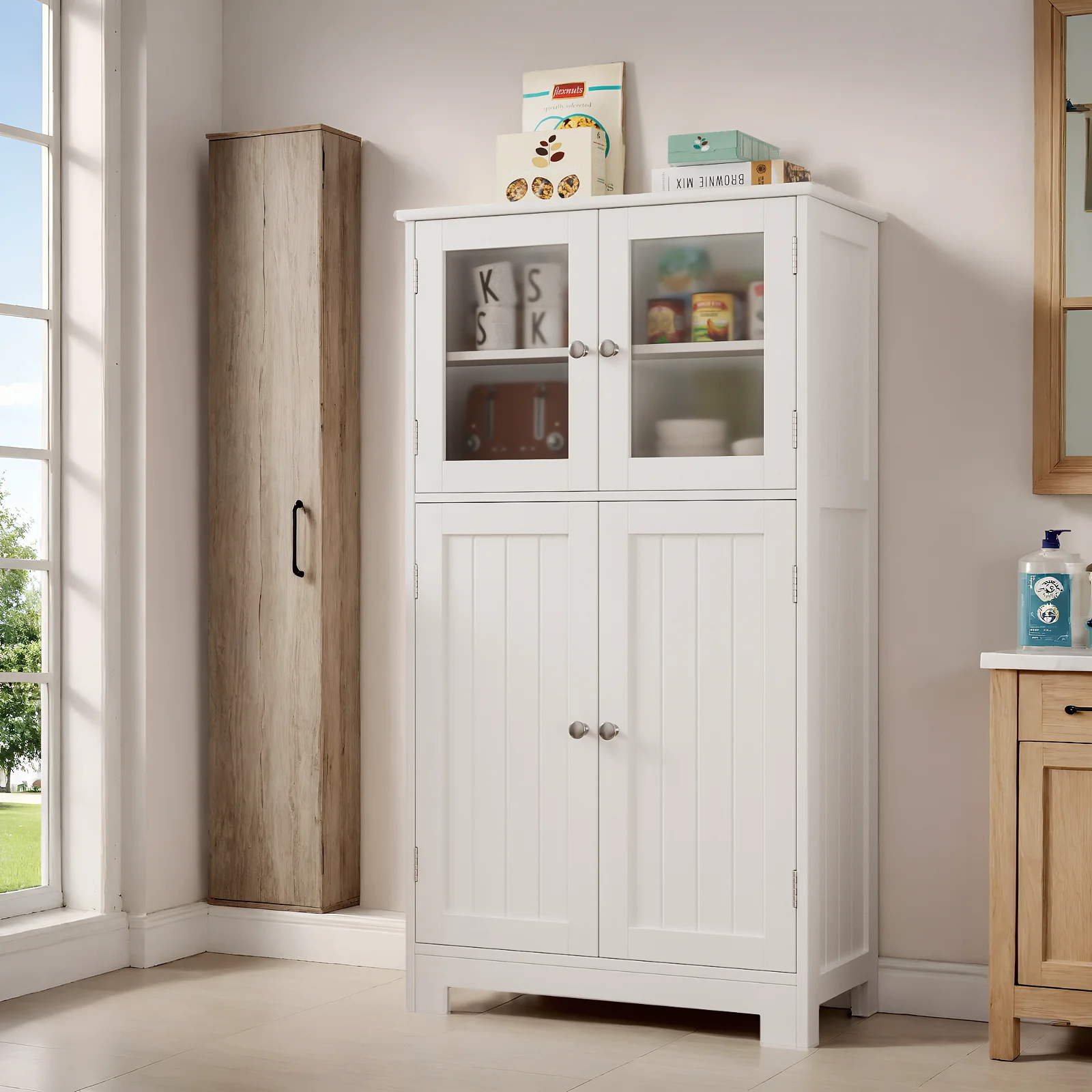 Badschrank, Badezimmerschrank mit 4 Türen, Aufbewahrungsschrank mit verstellbaren Regalen, für