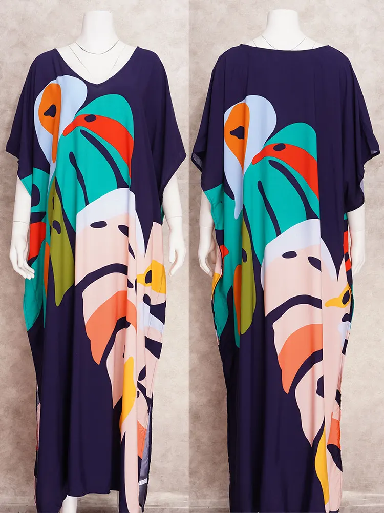 Plus Size artystyczna czarna sukienka Kaftan z nadrukiem roślinnym 2024 letnie ubrania damskie Sundress plażowe sukienki Maxi Q1476