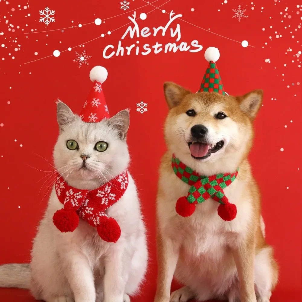 Pet Christmas Set  Hat Scarf Cat Dog Plaid Snowflake Yarn Scarf Scarf Fur Ball Hat Headband Pet Dress Up for New Year Festivals