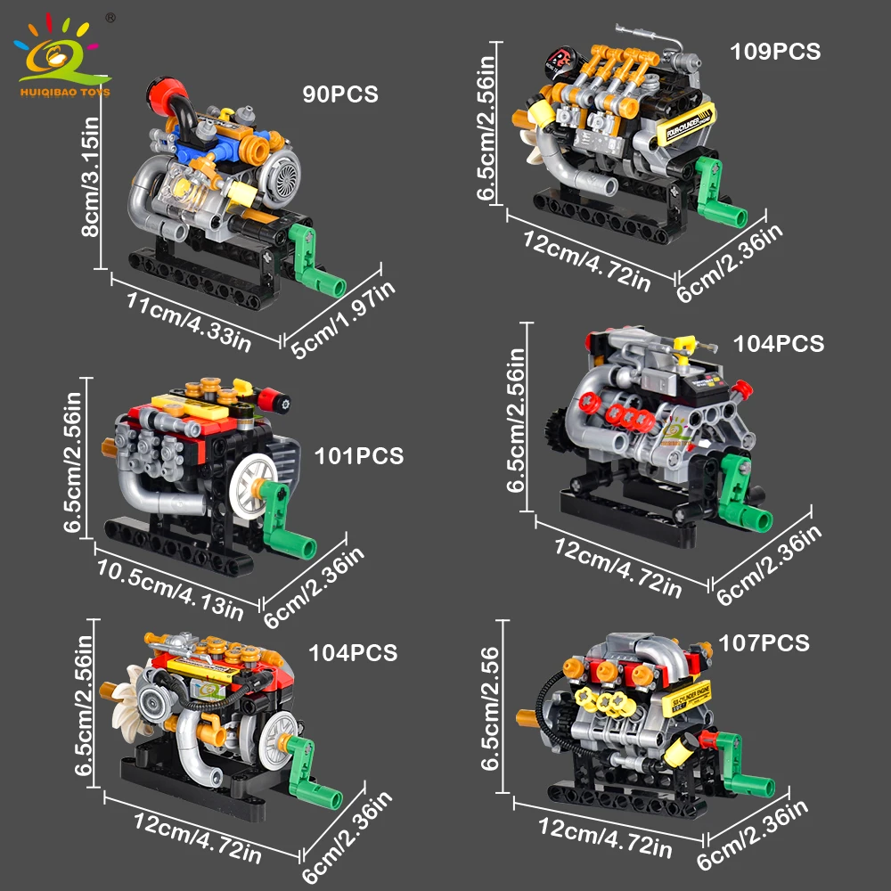 HUIQIBAO MOC Simulation Cylinder Turbo Engine Building Blocks Set Educational Mini Engine Technical Car Parts Bricks Toy for Kid
