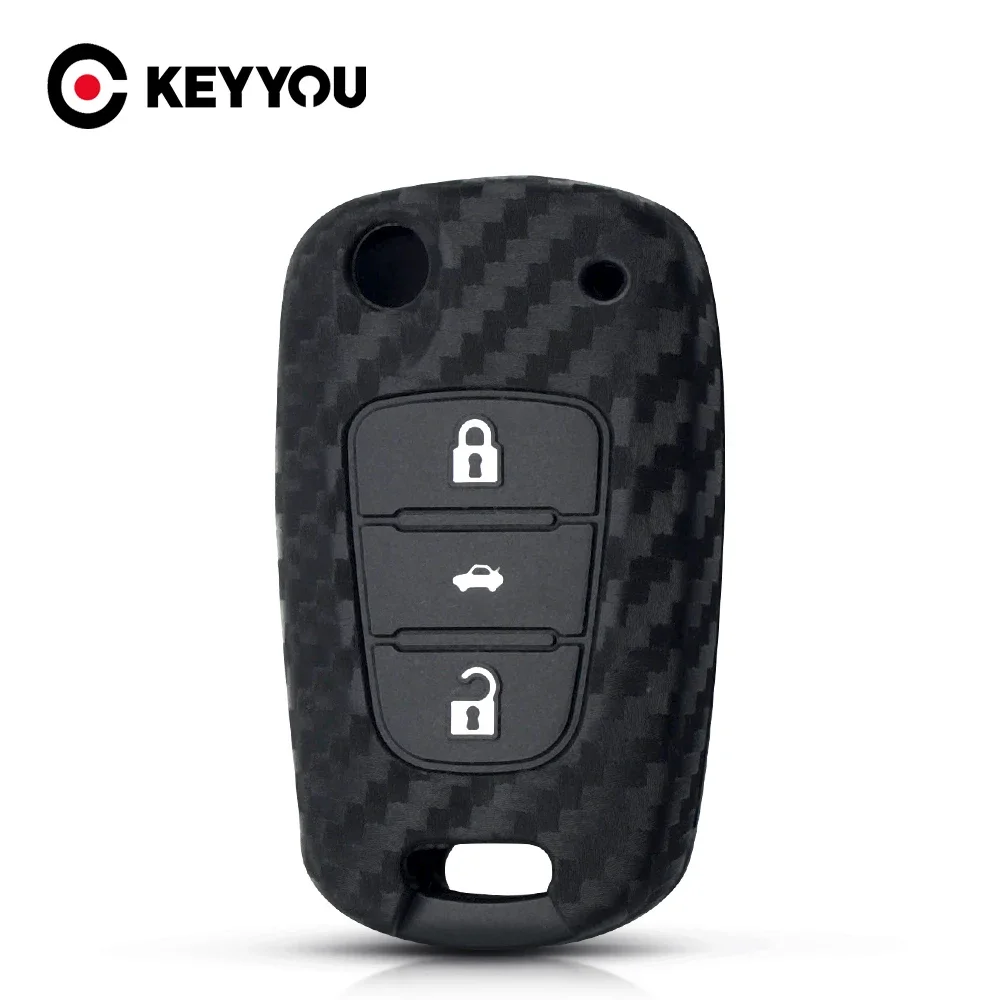 KEYYOU For Hyundai I30 IX35 For Kia K2 K5 Carbon Fiber Silicone Car Key Case Flip Fob Car Keys Blank Protector Cover 3 Buttons