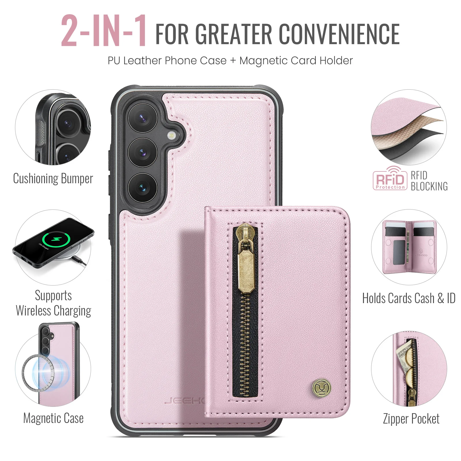 JEEHOOD-J12 2-in-1 Removable Magnetic Premium PU Leather Case for Samsung Galaxy S26 S25 S24 S23 S22 S21 FE S20 Ultra Plus Cover