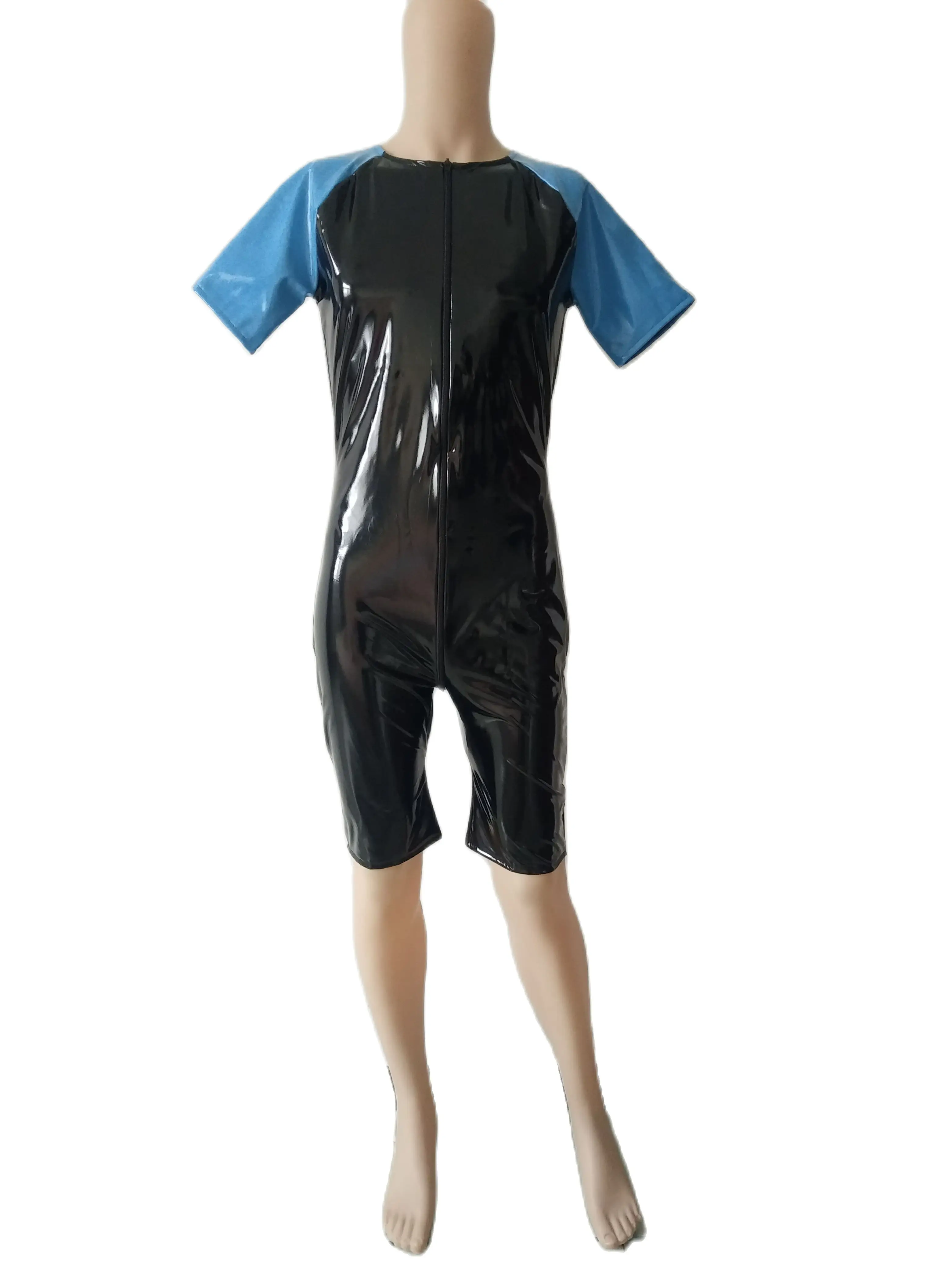 Costume Catsuit en Faux cuir PVC pour hommes, bleu lac et noir, collants, combinaisons simples, Cool, 3 voies, fermeture éclair avant à la hanche