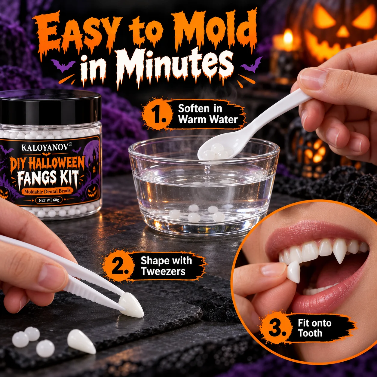 60g DIY Moldable Halloween Fangs Kit Thermoplastic Beads Vampire Teeth Costume Cosplay Party Props Reusable Shaping Tool Set