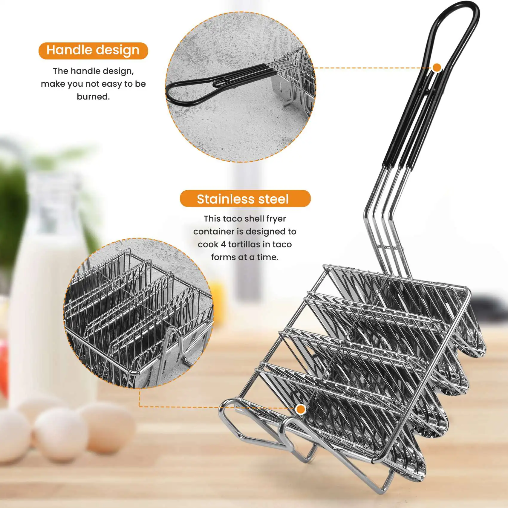 A15F-Taco Fryer Basket, Taco Shell Fryer, Holds 4 Shells Deep Fryer Taco Holders Basket With Grip Handle Taco Holder Stand