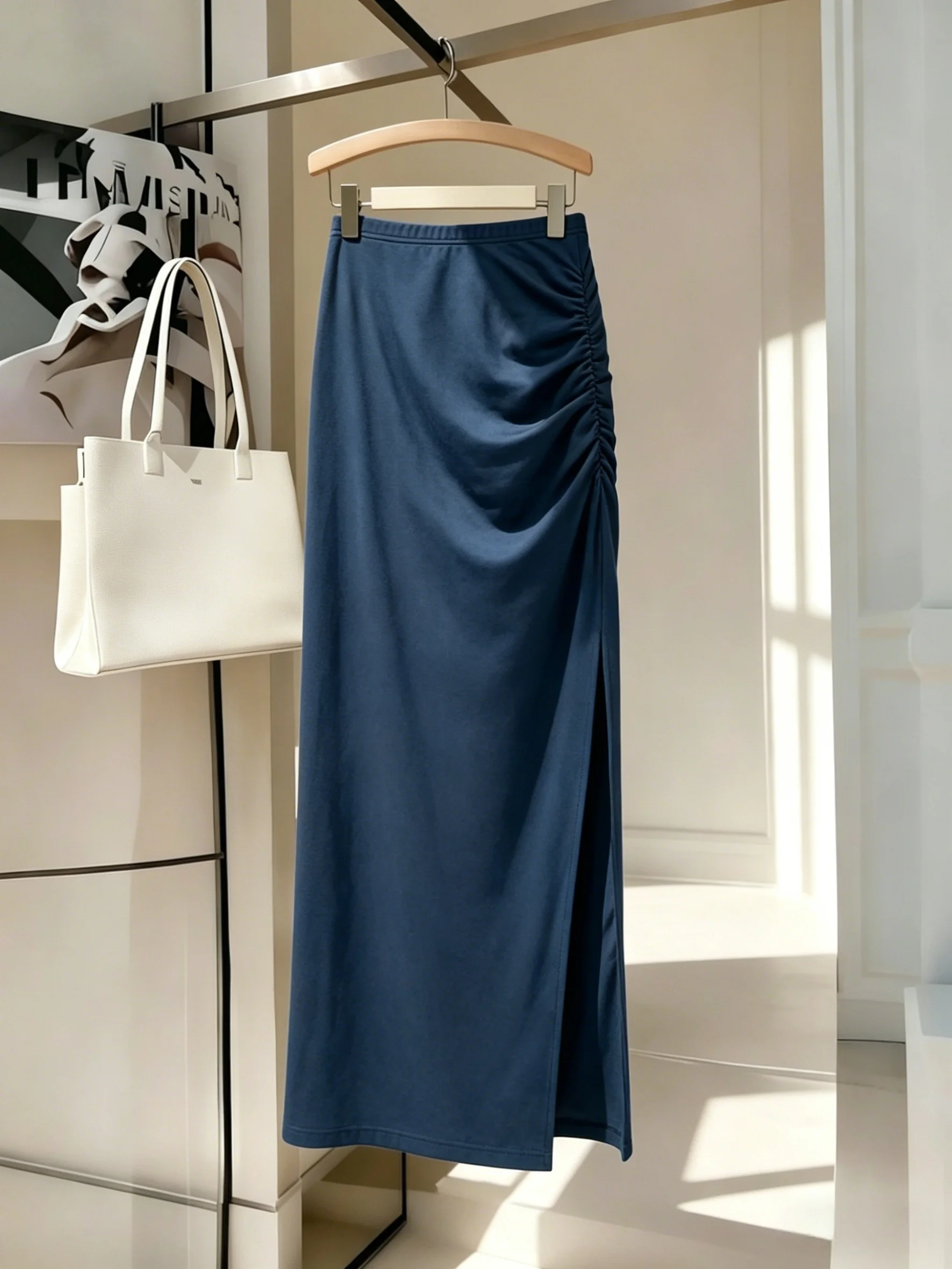 Women Navy Blue Solid Color High Waist Ruched Side Slit Maxi Skirt Casual Slim Fit Bodycon Long Skirt For Daily Wear Streetwear