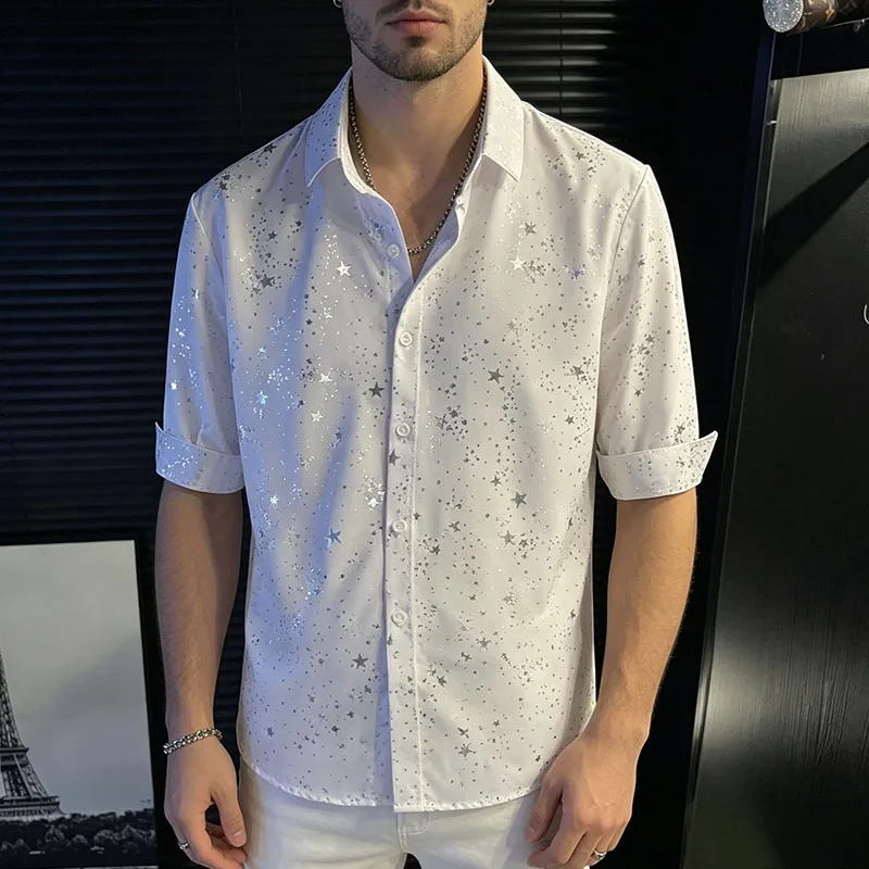 

Men Star Print Short Sleeve Shirts Summer Chic Streetwear Casual Loose Button Blouses Male Turn-down Collar Single-breasted Tops