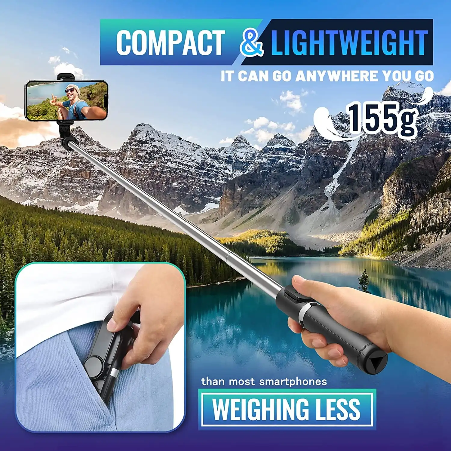 عصا سيلفي 103 سم قابلة للتمديد، حامل ثلاثي القوائم مع مصراع بلوتوث قابل للفصل، حامل ثلاثي القوائم عن بعد لهاتف آيفون وأندرويد #6