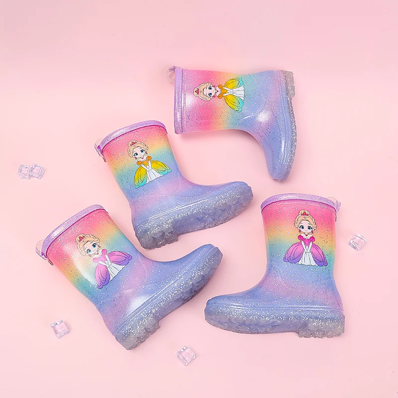 Kids Rain Boots Girls Waterproof Rainbow Gradient Wellies for Outdoor Cute Cartoon Princess Girls Sparkly Non-Slip Kids Wellies