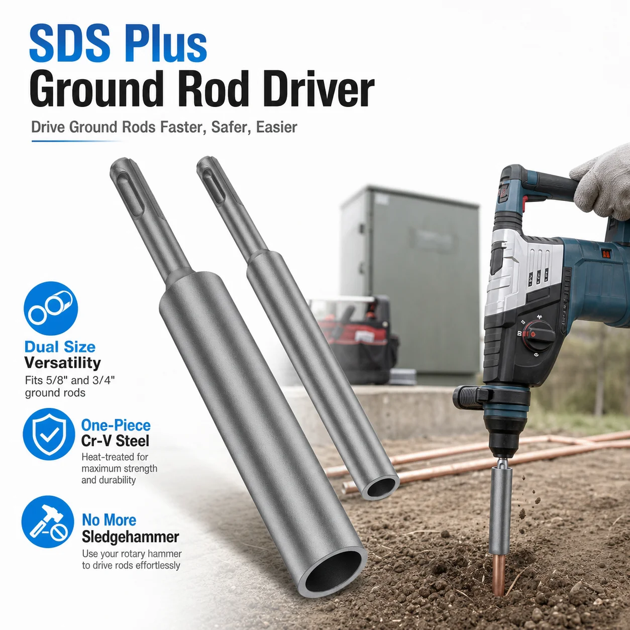 SDS Plus Ground Rod Driver Rebar Hammer Drill Bit Set Heavy Duty Steel Ground Rod Installer Tool For Rotary Hammer