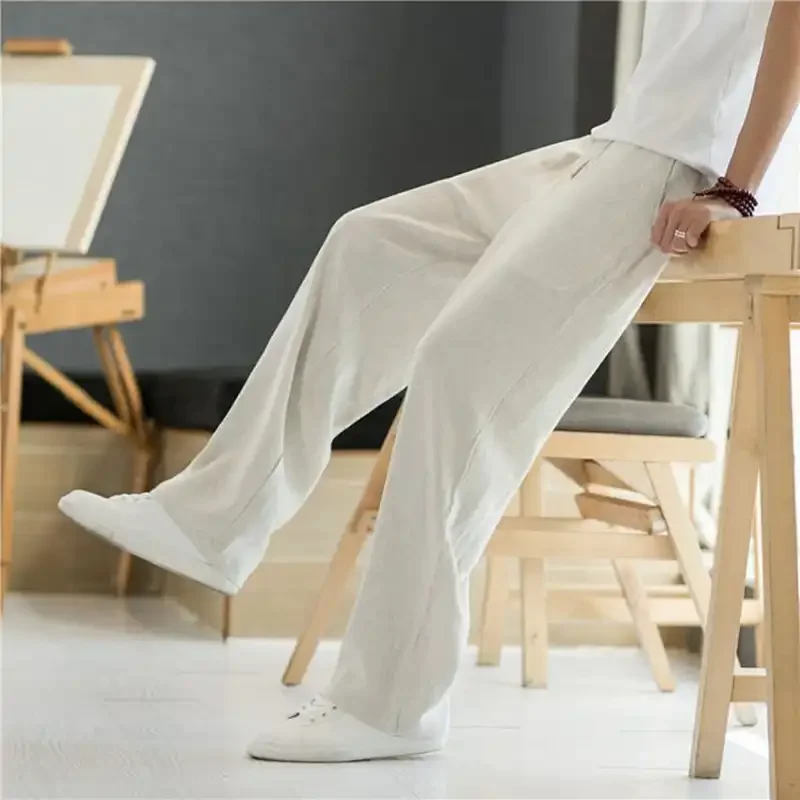 

Men's Linen Cotton Loose Wide Leg Pants Casual Straight Trousers Breathable Summer Spring