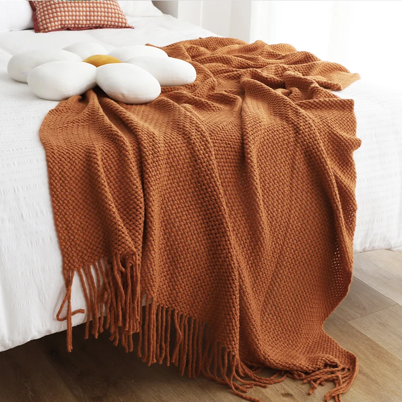 

Nordic Style Blanket Solid Color Knitted Wool Cover Blanket with Tassels Bedroom Air Conditioning Nap Cover Bed End Towel Shawl