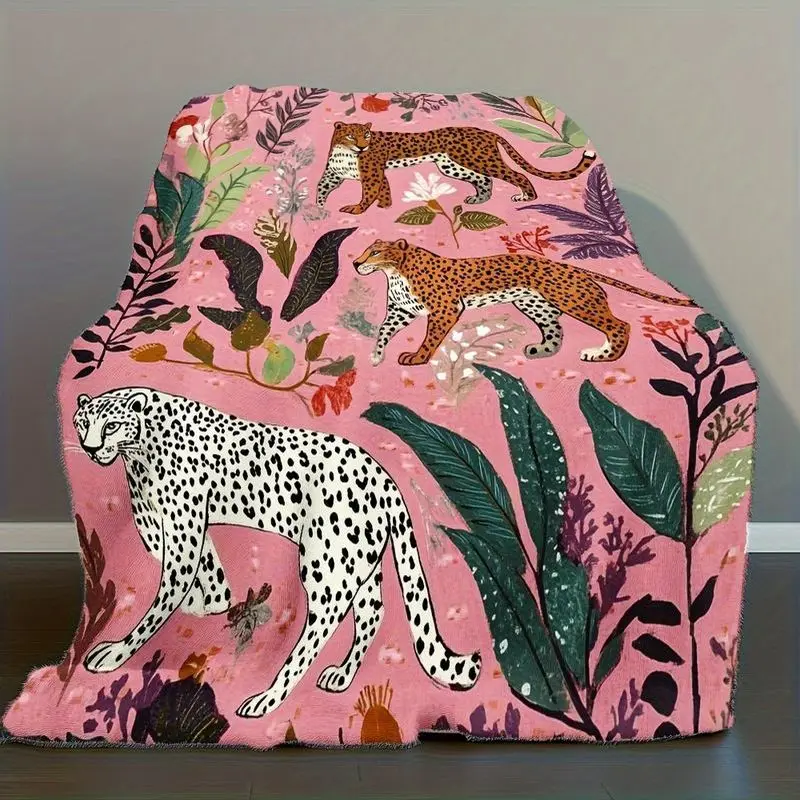 VIKAMA Tropical Jungle Leopard Flannel Throw Blanket Pink Botanical Leaf Print Soft Warm Sofa Bedroom Home Decor Gift