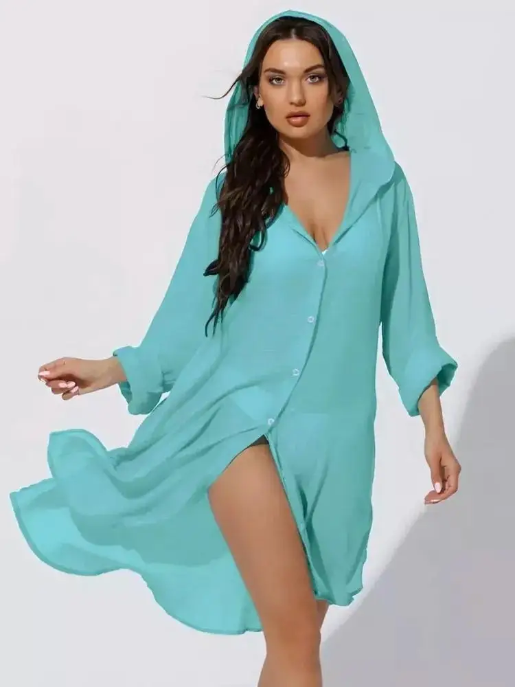 Trendy European American Style Beach Cover Up Shirt with Hood Casual Lightweight Sun Protective Layer Over Swimsuit for Vacation