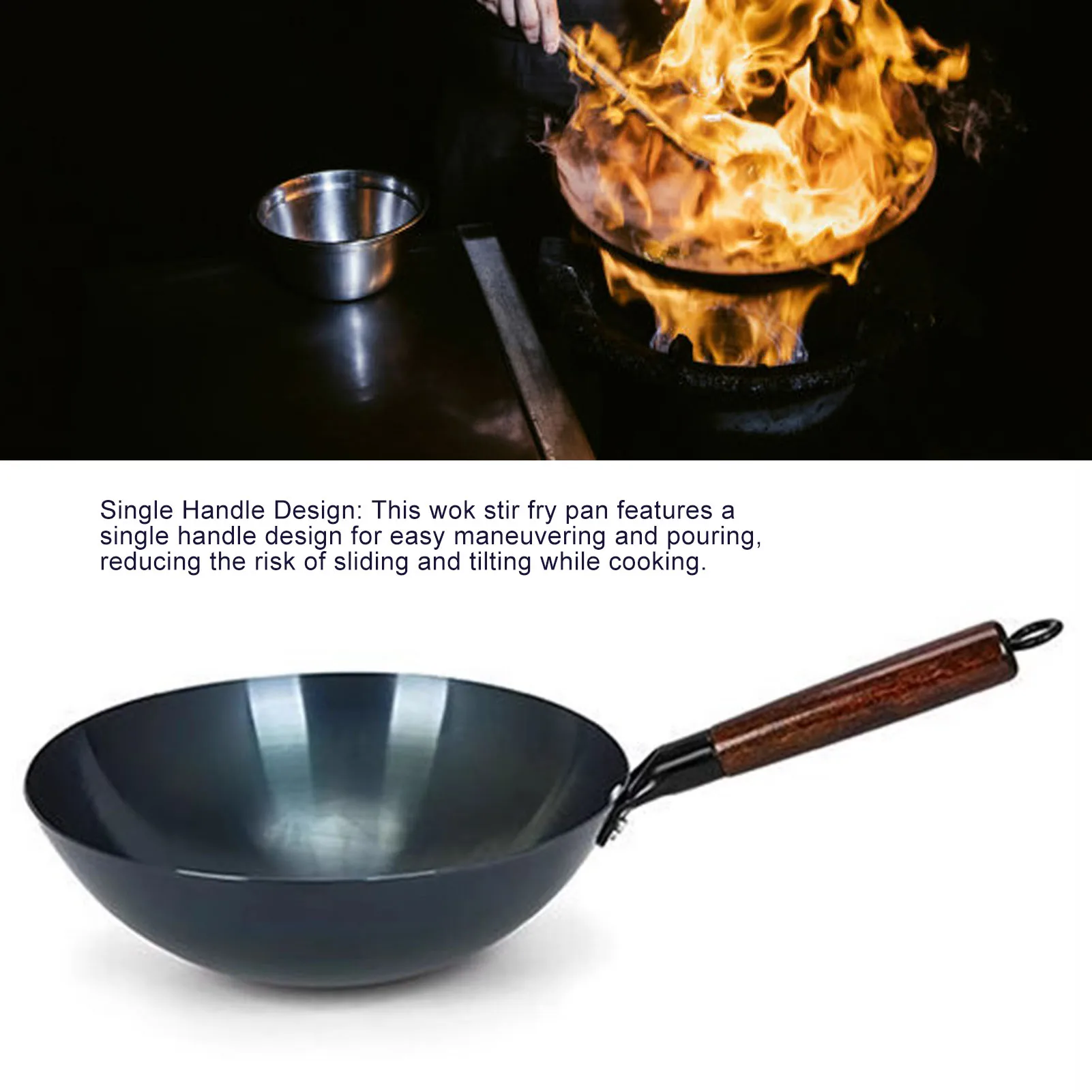 Iron Wok Pan Wok Stir Fry Pan Iron Traditional Chinese Round Bottom Uncoated Single Handle Nonstick Wok for Home and Restaurant