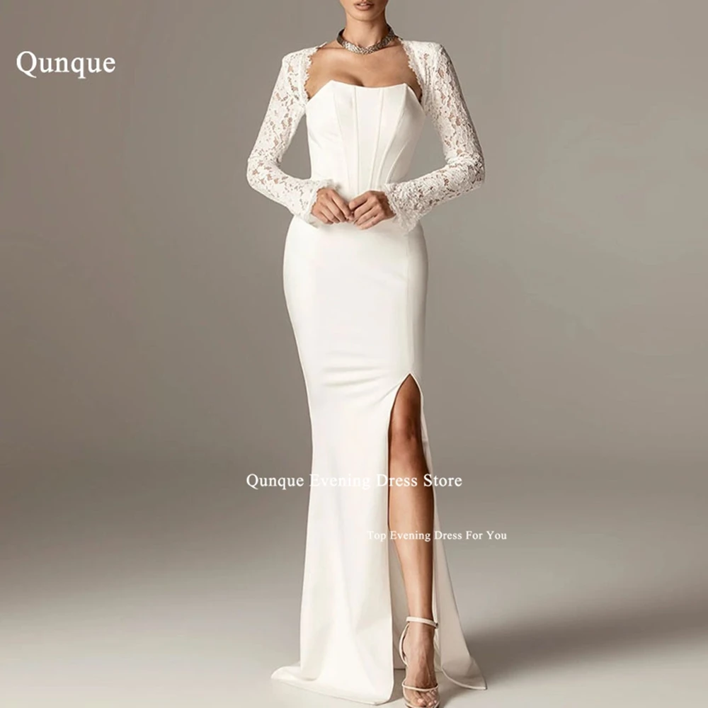 Qunque Elegant Mermaid Wedding Dresses With Lace Jacket Open Slit Satin Bridal Gown Customized Robes De Mariée Vestidos De Novia