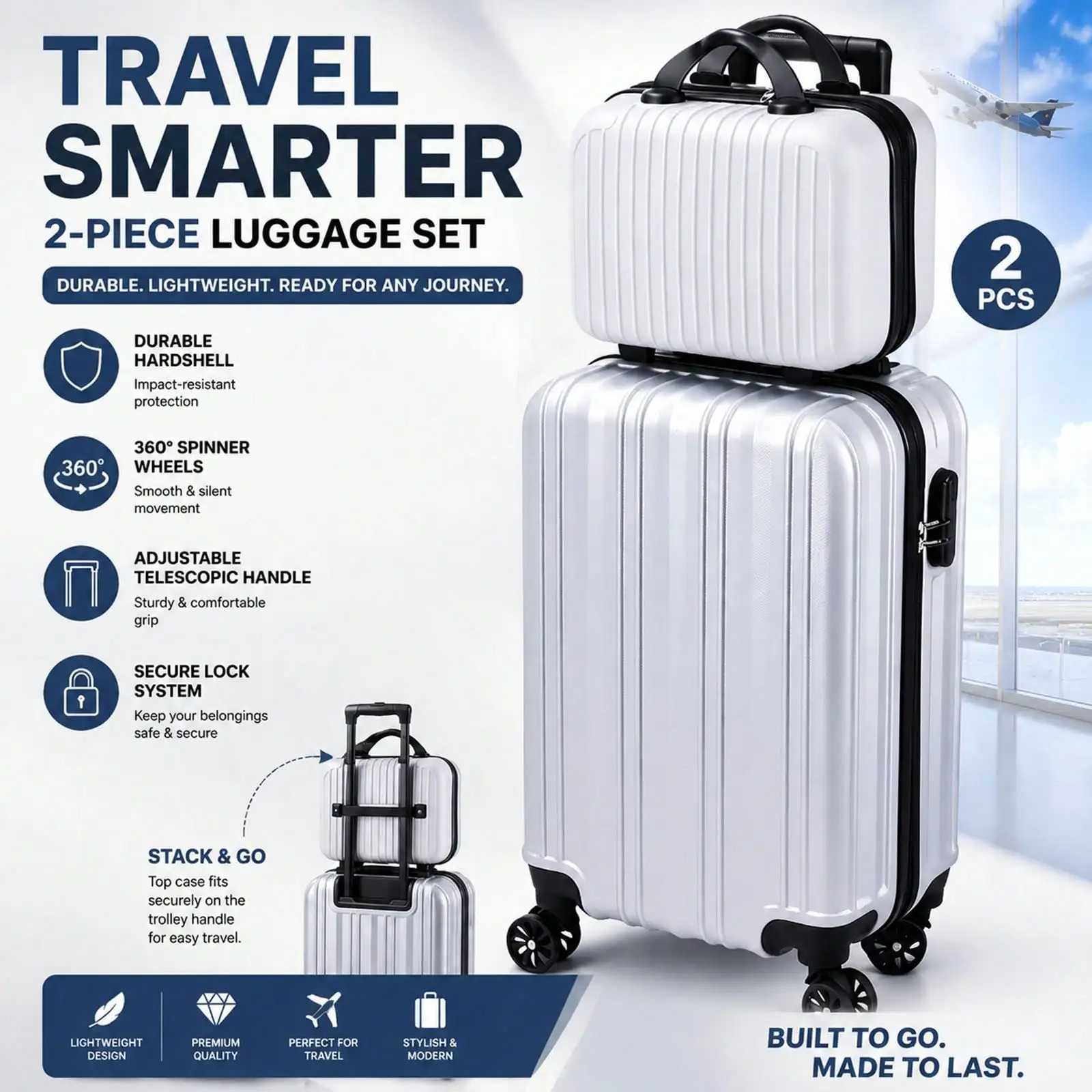 2-Piece Hardside Luggage Set, Spinner Suitcase With Matching ABS Carry On Suitcase , Lightweight Carry-On Travel Set With TSA Lock, Vertical Stripe