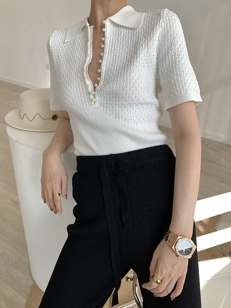 White Top Knitted Versatile Short-sleeved T-shirt New Short Polo Neck Shirt Design Niche Summer