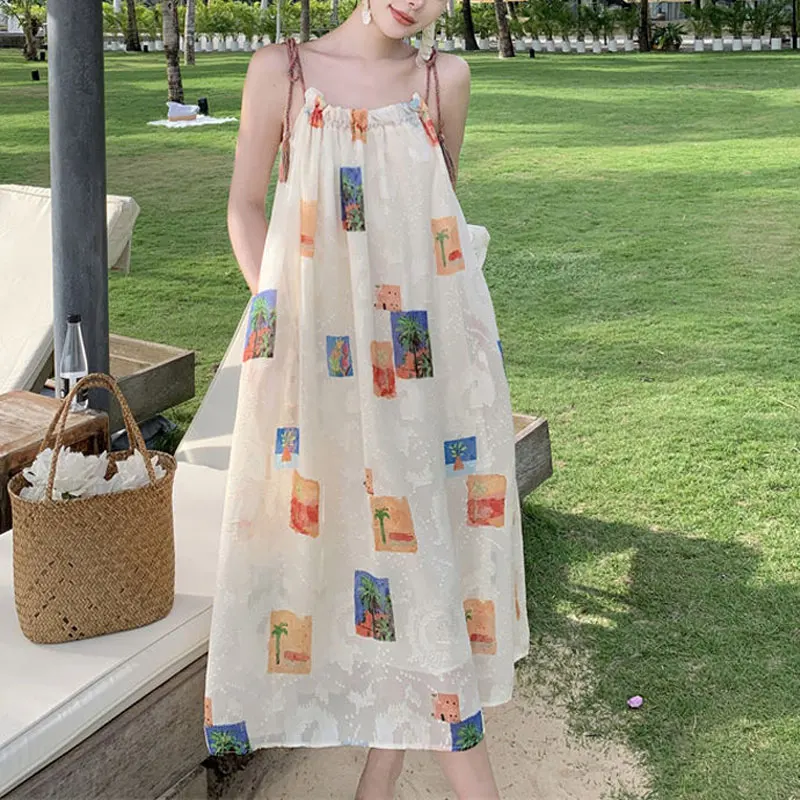 Holiday Beach Style Printed Slip Midi Dress 2024 Summer Loose Stylish Shirring Women\'s Clothing O-Neck Casual Drawstring Dresses