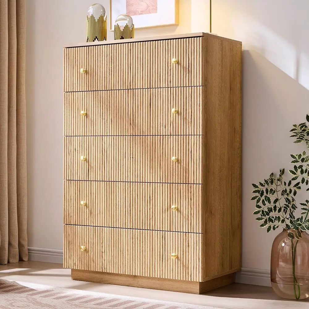 

5-Drawer Wood Bedroom Chest with Metal Handles, Natural Storage Organizer for Hall/Living Room