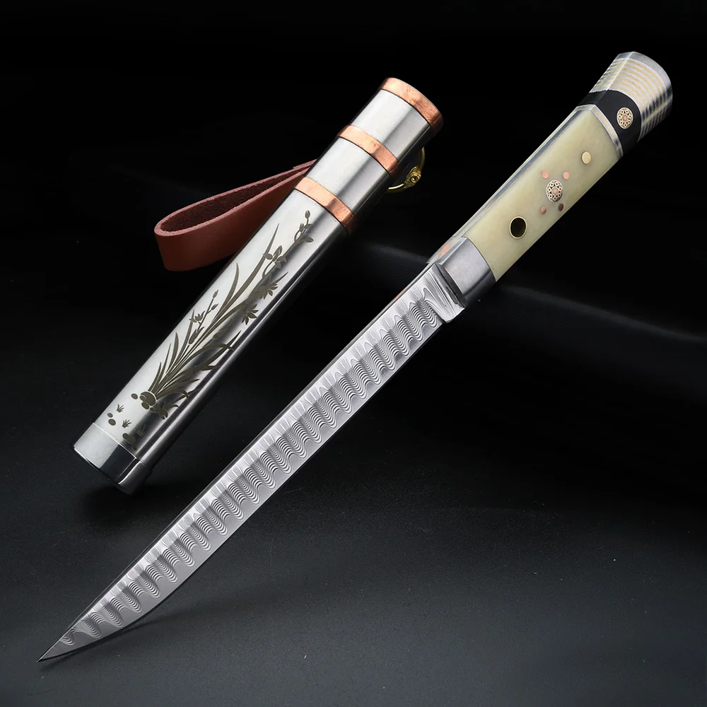 Beef Bone Handled Fruit Knife, Authentic Damascus Steel, Household Peeler, Watermelon Slicer, Safe Storage, 304 Steel Sheath