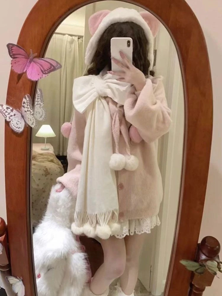 خمر Kawaii طويلة الأكمام سترة مشغولة من الصوف معطف المرأة اليابانية لطيف سستة بلوزات الإناث عادية Y2k سترة معطف شيك #4