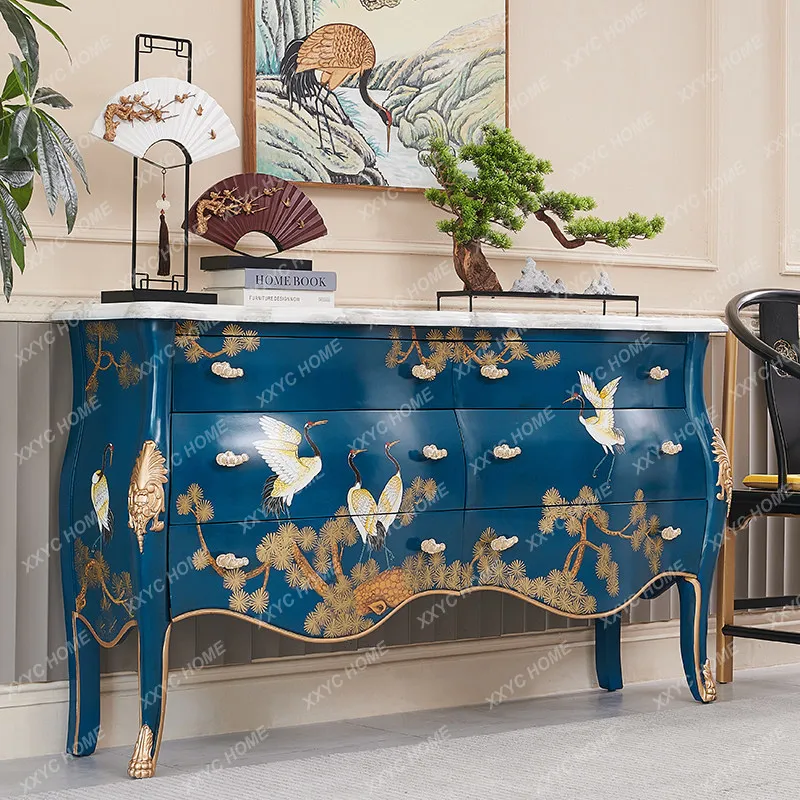 Luxury Royal Blue Hand Painted Crane Villa Entry Door Solid Wood Entrance Partition Decorative Cabinet