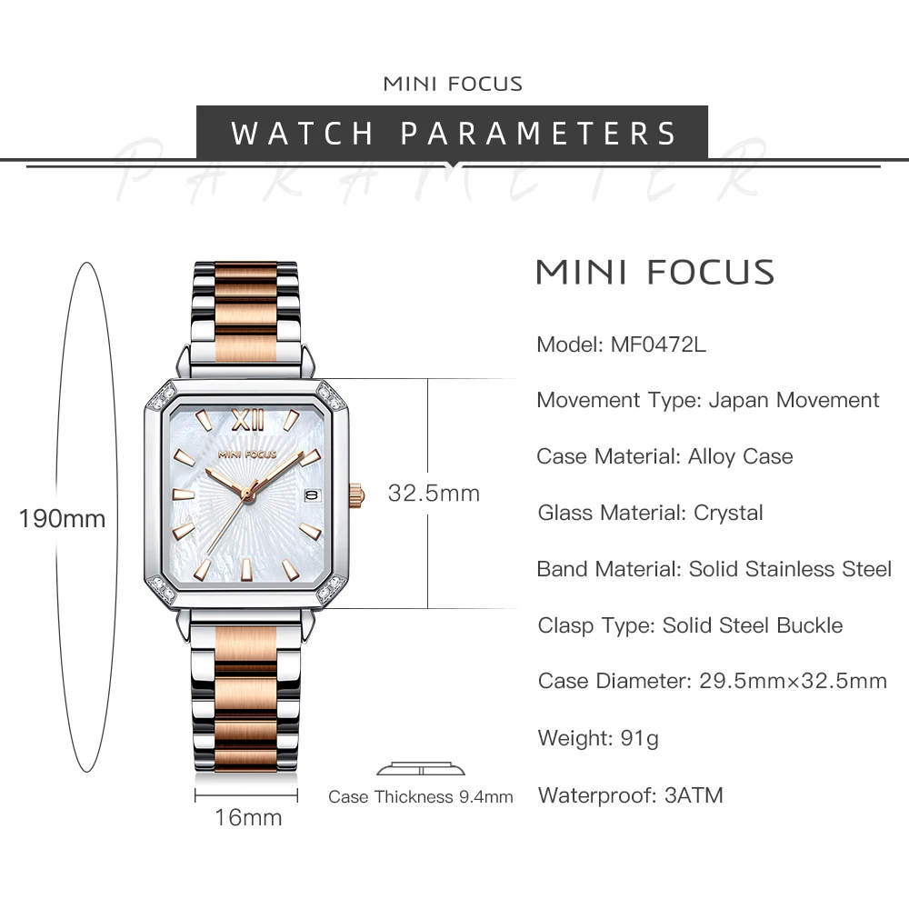 MINI FOCUS Elegant Square Ladies Watch Genuine Mother-of-Pearl Dial Stainless Steel 0472L