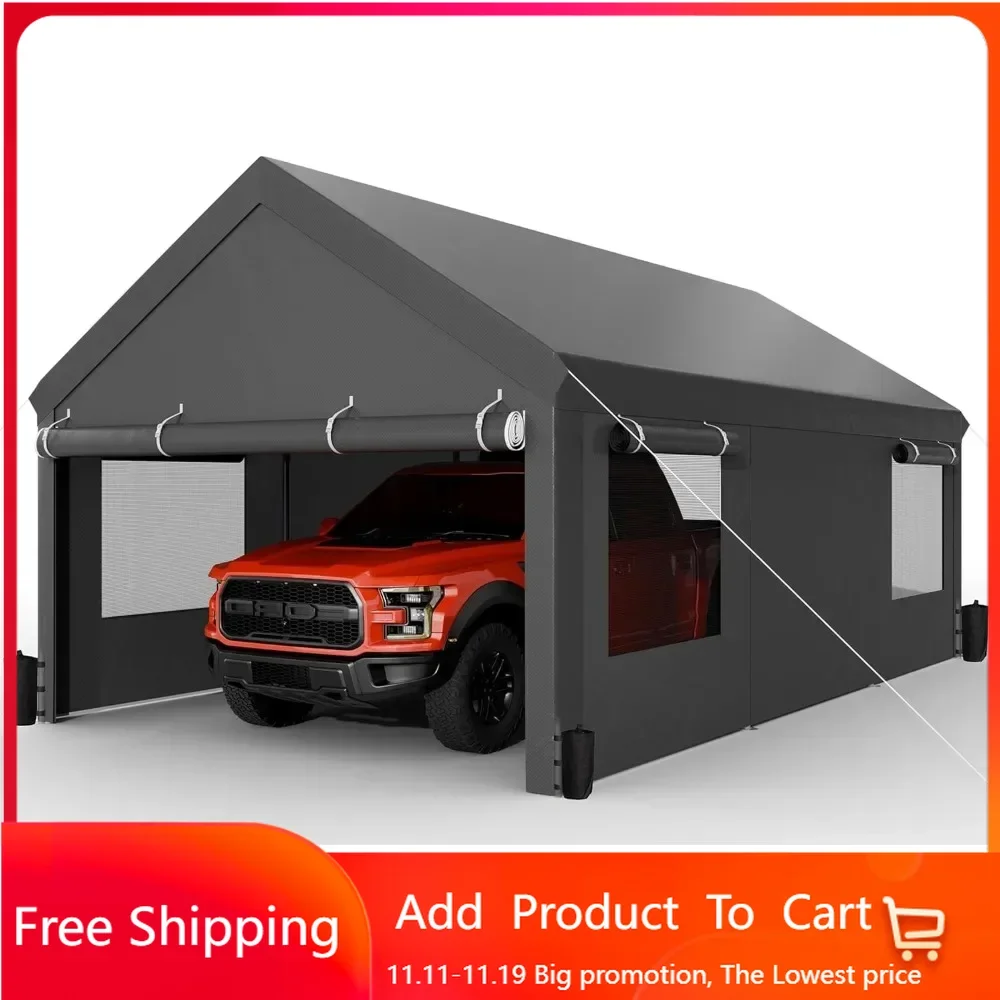 Carport, 12x20 ft Heavy Duty Carport with Roll-up Windows, Portable Garage with Removable Sidewalls & Doors, Car Canopy