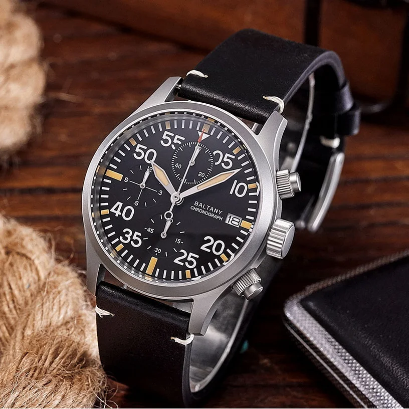 Baltany Herren-Chronographenuhr Pilot 39 mm Quarz-Armbanduhr Saphirspiegel 10 ATM wasserdicht BGW-9 leuchtend VK67