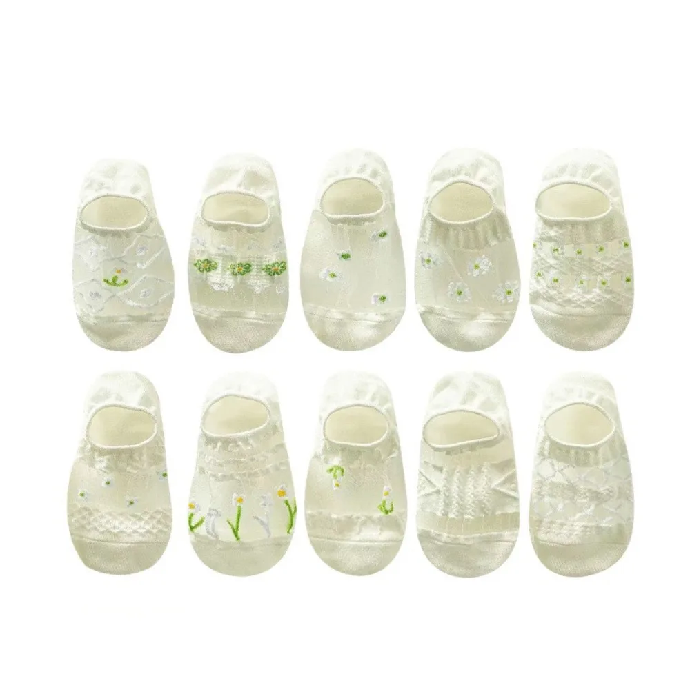 

10 пар модных стеклянных шелковых носков-лодочек с цветочным принтом, тонкие дышащие невидимые носки с цветочным принтом, стеклянные шелковые короткие носки с милой сеткой для девочек