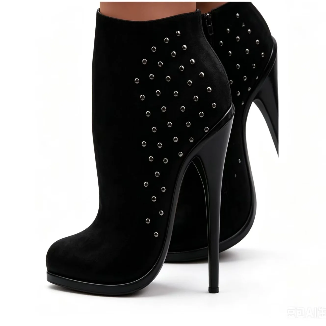 Schwarze Nietenstiefel mit mittelhohem Schaft, dünnem hohem Absatz, spitzer Zehenpartie, sexy, modisch, cool, für den Winter, lässig, große Größen, Damenschuhe, Zapatillas Mujer