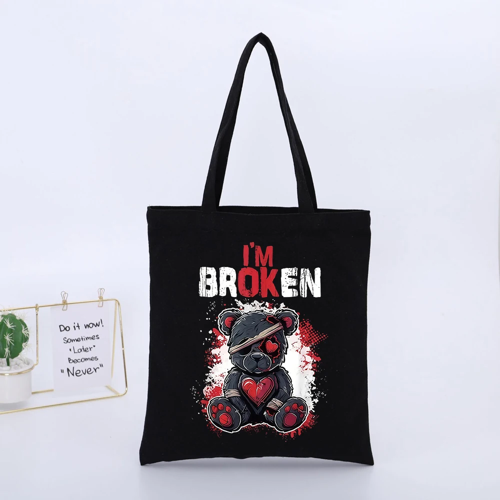 Men's Black Canvas Tote Bag with Teddy Bear and Slogan Print, Urban Style for Daily Casual Use