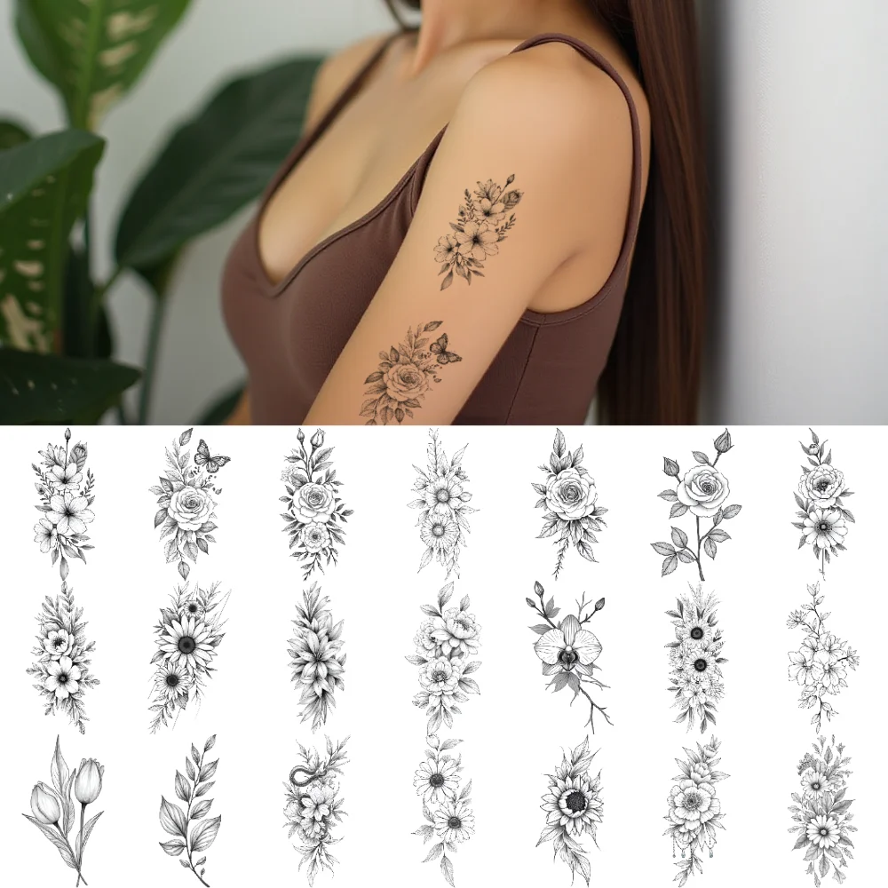9pcs Temporary Tattoo Waterproof Long-lasting Body Stickers Tulips Flower Bouquet Butterfly With Flowers For Arms Shoulders