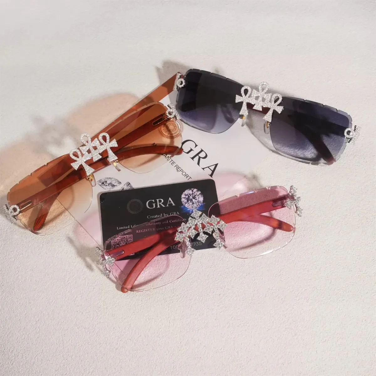 Iced Out D Color Moissanite Ankh Cross Sunglasses 925 Sterling Silver Red Wood Leg Triple Cross Glasses Hiphop Punk Pass Tester