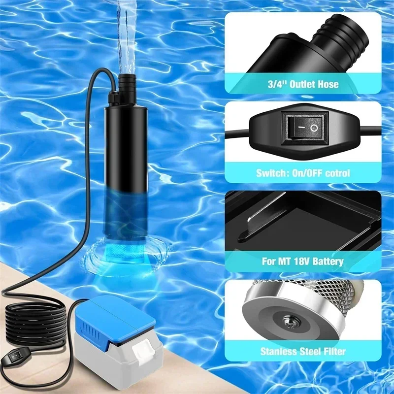 Water Transfer Pump for Makita 18V Li-ion Battery Powered Deep Well Submersible Water Pump For Garden, Camping, Kiddie Pool