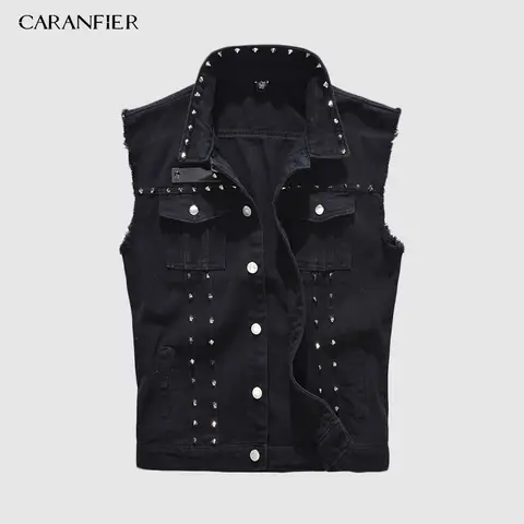 CARANFIER 5XL Denim Vest Men's Punk Rock Style Rivet Cowboy Black Jeans Waistcoat Male Motorcycle Jacket Sleeveless Jean Coat